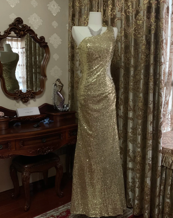 Sparkly Gold One Shoulder Sequin Mermaid Evening Dress Long Party Gown