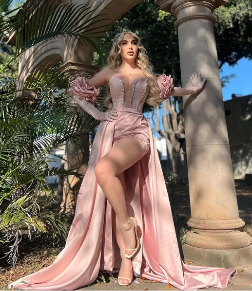 Gorgeous Pink Satin Beaded Slit Mermaid Prom Dress,Strapless Party Evening Dress With Gloves