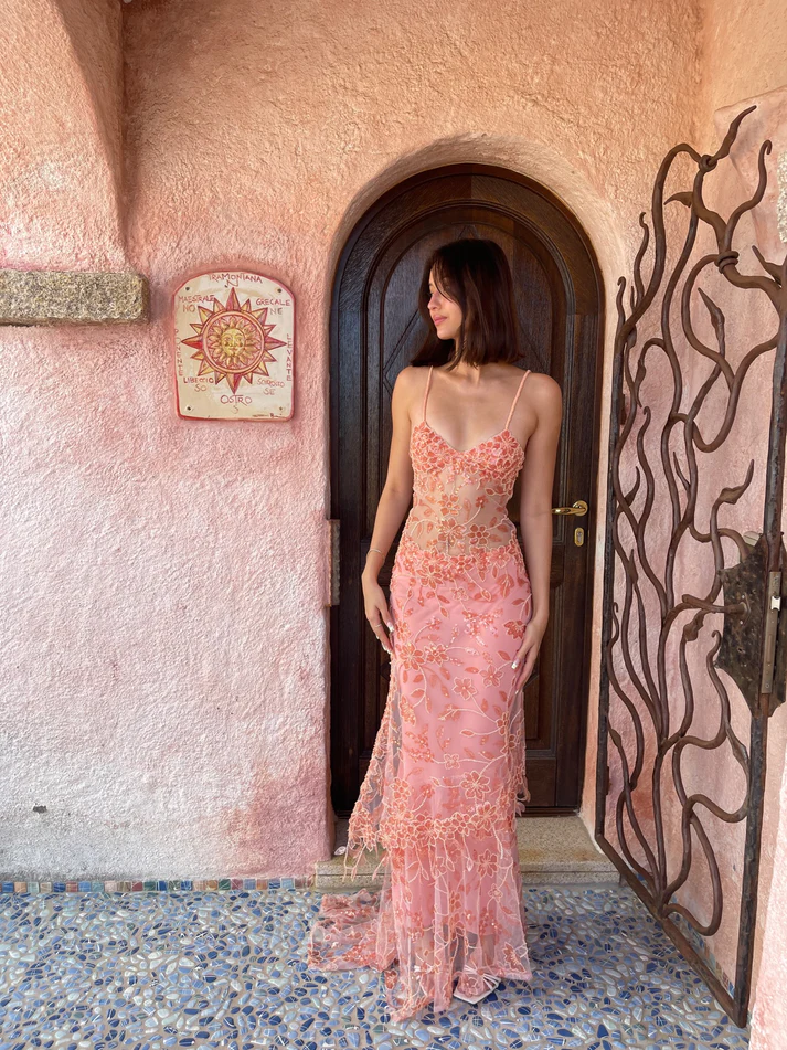 Gorgeous Pink Lace Beading Mermaid Evening Dress Party Prom Dress