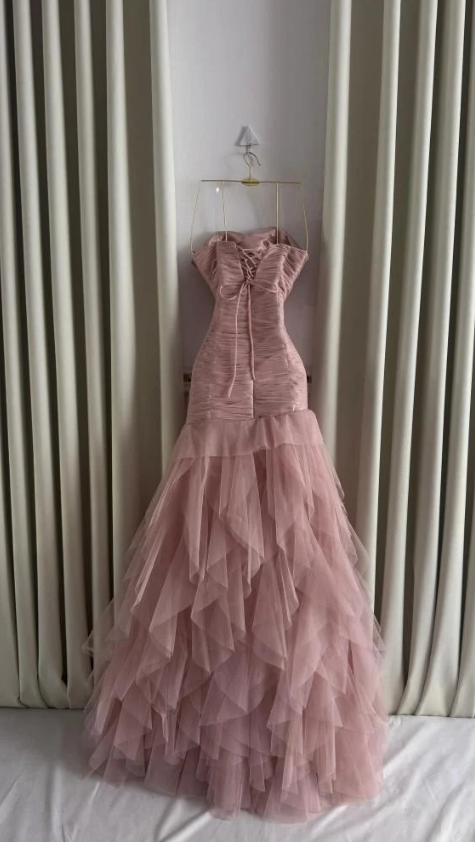 Pretty Pink Strapless Tulle Pleated Mermaid Evening Dress Long Birthday Party Dress