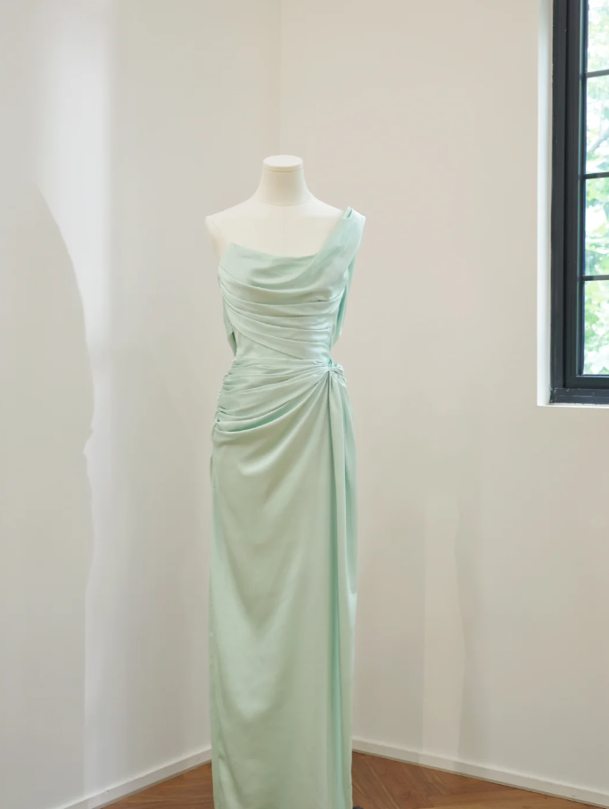 Classy Green Satin Mermaid Long Wedding Guest Dress Formal Bridesmaid Dress