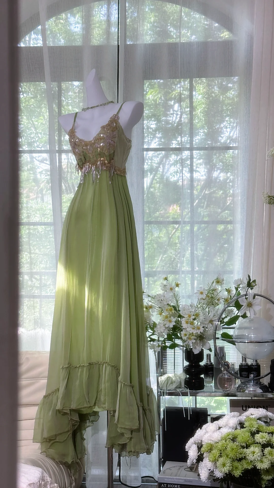 Elegant Spaghetti Straps Green Chiffon Sequin Mermaid Prom Dress Long Birthday Party Dress