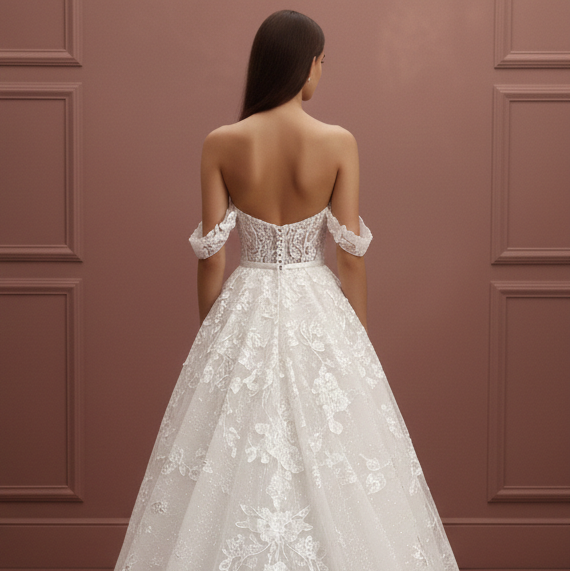 Off Shoulder Lace Wedding Dress Long Sweetheart Neckline Floral