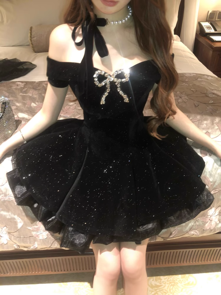 Black Off The Shoulder Velvet Short Party Dress Birthday Dress