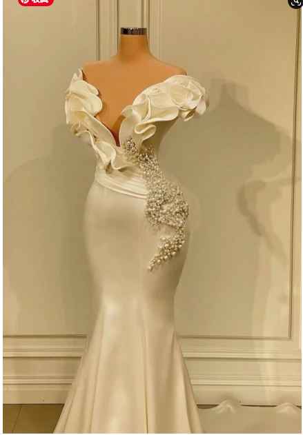 White Long Pearl Ruffle Evening Dresses
