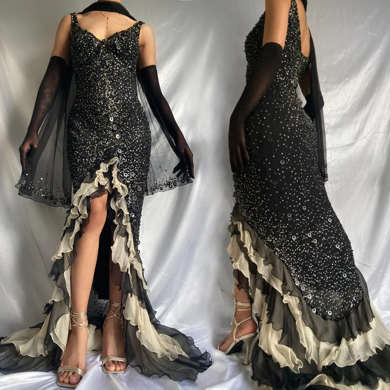Sparkly Sequins Beaded Ruffles Mermaid Prom Dress Black Party Evening Dress