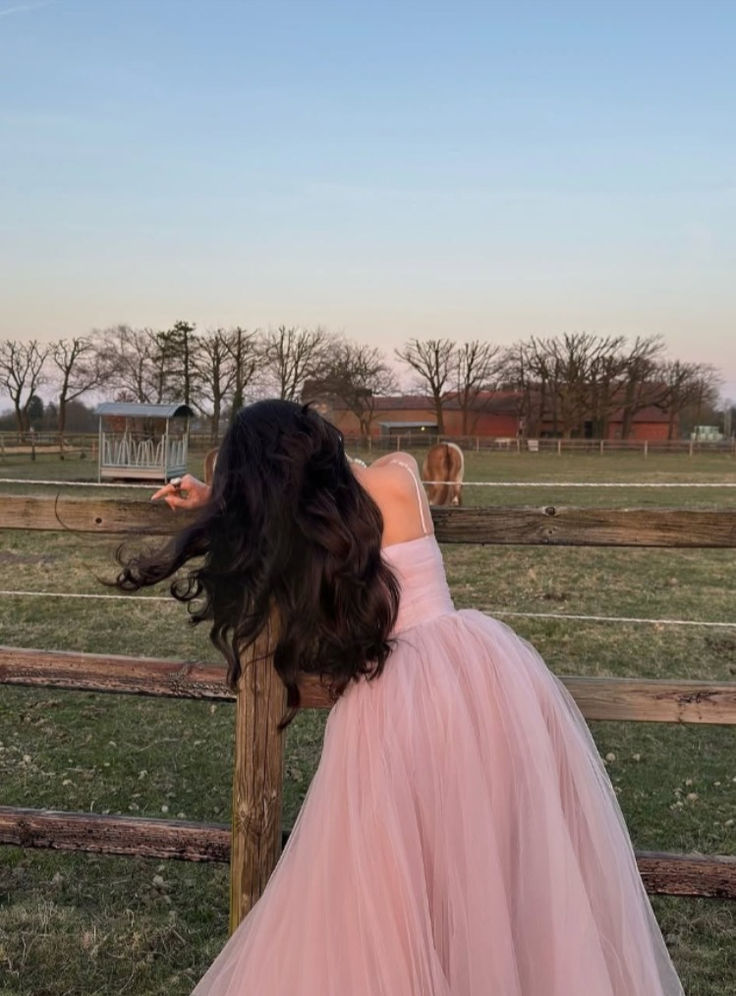 Dreamy Pink A-line Suspender Tulle Long Prom Dress Evening Dress Bridesmaid Dress