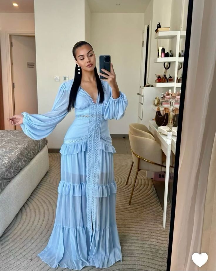 Elegant Blue V-neck Trumpet Long Sleeve Ruffled Chiffon Long Prom Dress Evening Dress