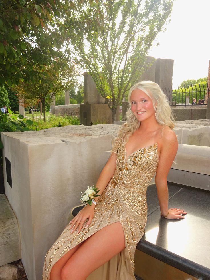 Shining Gold Slit Deep V Neck Sequined Long Prom Dress Evening Dress