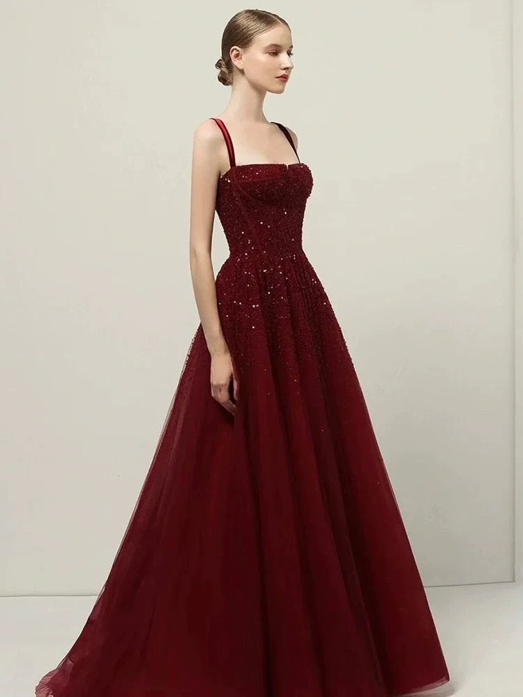 Retro A line Straps Sequin Burgundy Long Party Dress Prom Dresses