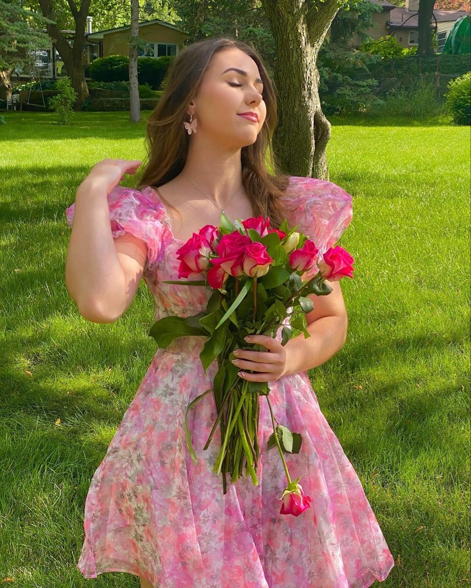 Sweet Pink Printed Puff Sleeve Waist Tulle Birthday Party Homecoming Dress