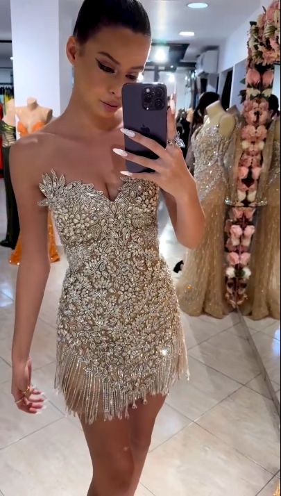 Gorgeous Silver Rhinestone Bandeau V-Neck Tassel Slim Birthday Homecoming Dress