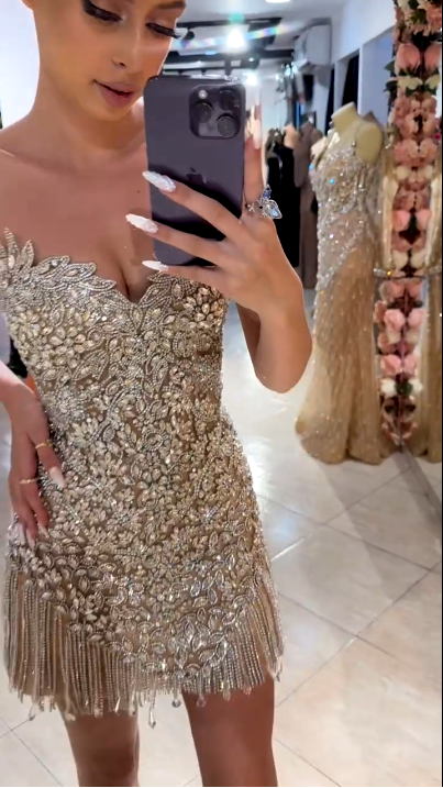 Gorgeous Silver Rhinestone Bandeau V-Neck Tassel Slim Birthday Homecoming Dress