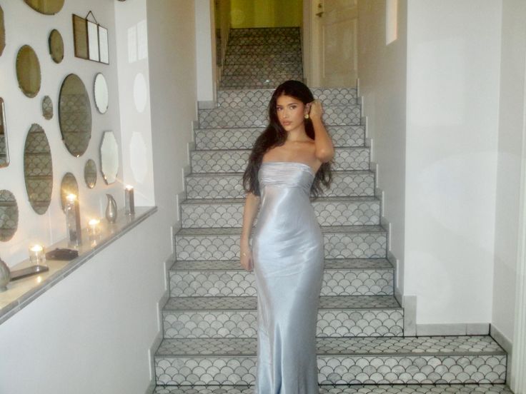 Elegant Gray Slim Strapless Satin Long Prom Dress Evening Dress
