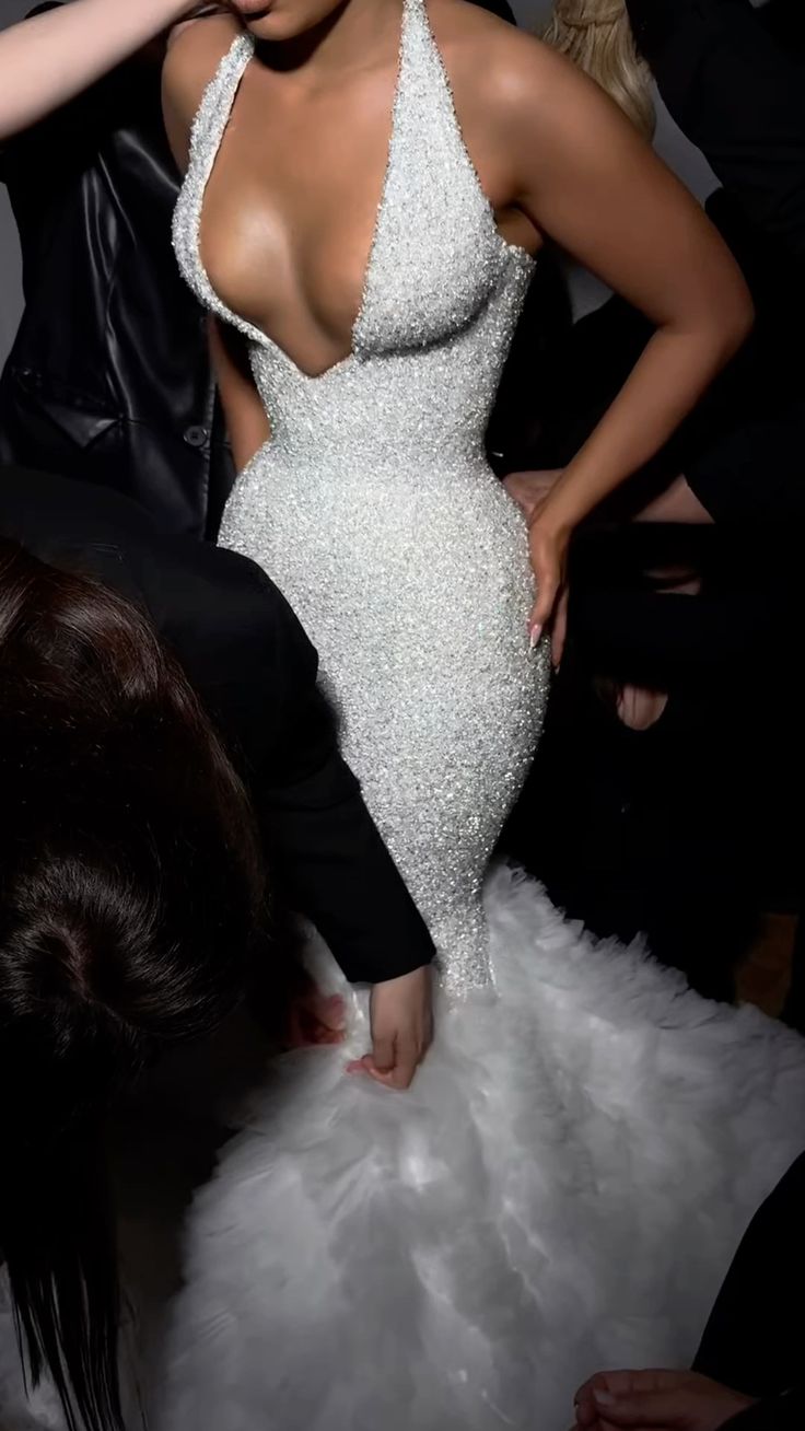 Fantasy White Mermaid Halter Neck Deep V Sequined Train Prom Dress Evening Dress