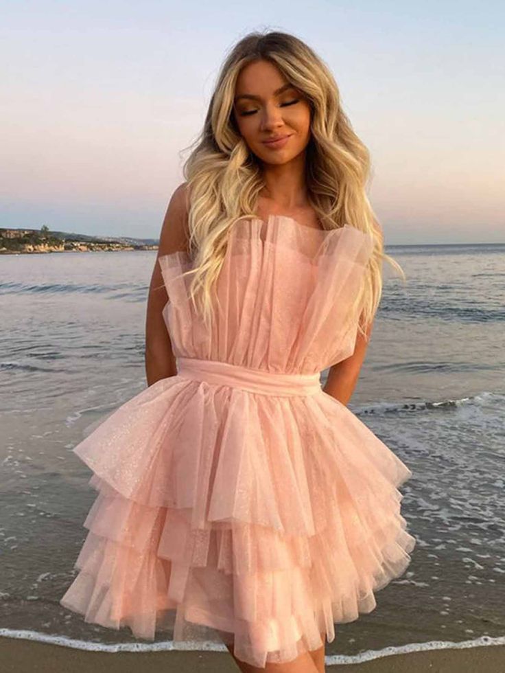 Sweet Princess Light Pink Shimmering Multi-layered Tulle Short 16th Birthday Homecoming Dress