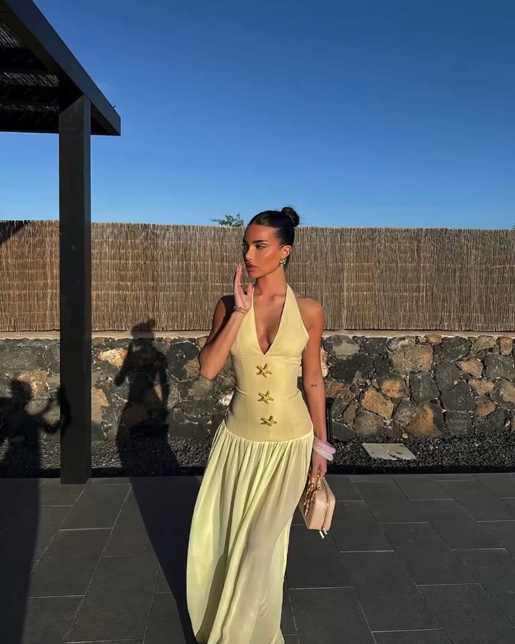 Elegant Light Yellow Slim Halter Deep V Strap Satin Chiffon Long Prom Dress Evening Dress