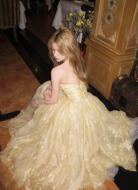 Princess Light Yellow A-line Tube Top Tulle Long Prom Dress Evening Dress 18th Birthday Dress