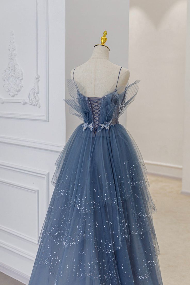 Luxury A line Spaghetti Straps Grey Blue Floor Length Prom Dresses