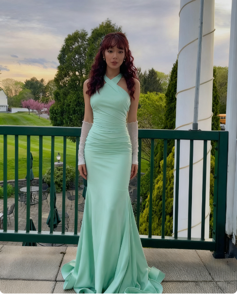 Elegant Mint Green Mermaid Cross Halter Neck Backless Satin Long Prom Dress Evening Dress