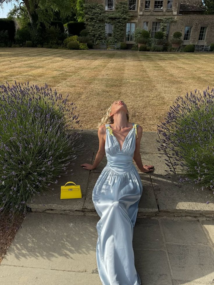 Vintage Light Blue A-line Deep V Strap Satin Long Prom Dress Evening Dress