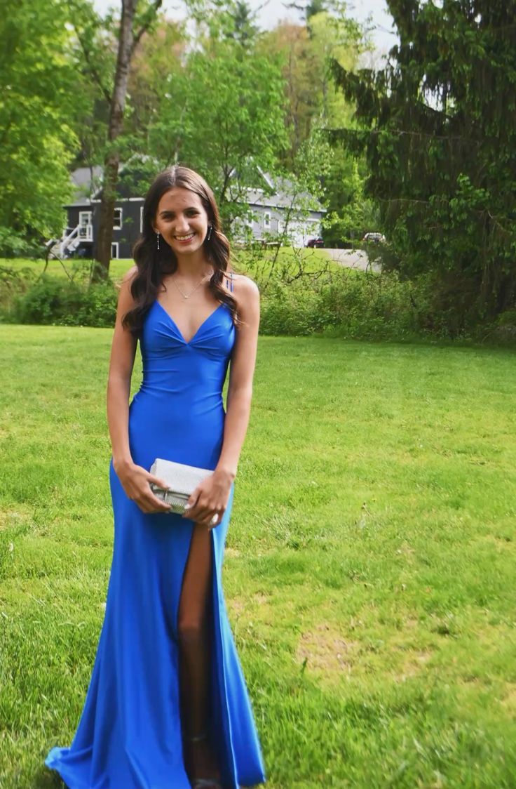 Elegant Royal Blue Mermaid Deep V Strap High Slit Satin Long Prom Dress Evening Dress