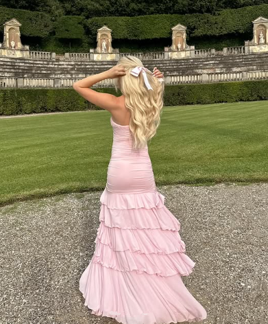 Sweet Pink Chiffon Strapless Evening Dress Multi-Layered Slit Prom Party Dress
