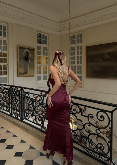 Elegant Burgundy Mermaid Ruffled Satin Long Prom Dress Evening Dress Bridesmaid Dress