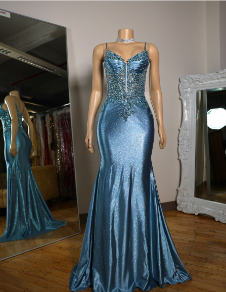 Elegant Blue Mermaid Deep V Halter Beaded Satin Long Prom Dress Evening Dress