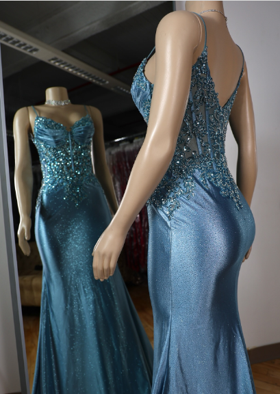 Elegant Blue Mermaid Deep V Halter Beaded Satin Long Prom Dress Evening Dress