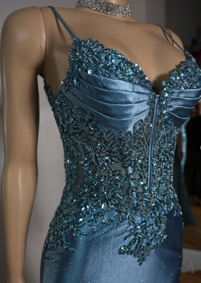 Elegant Blue Mermaid Deep V Halter Beaded Satin Long Prom Dress Evening Dress