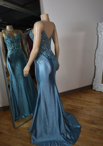 Elegant Blue Mermaid Deep V Halter Beaded Satin Long Prom Dress Evening Dress