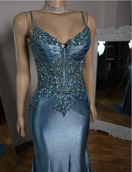 Elegant Blue Mermaid Deep V Halter Beaded Satin Long Prom Dress Evening Dress