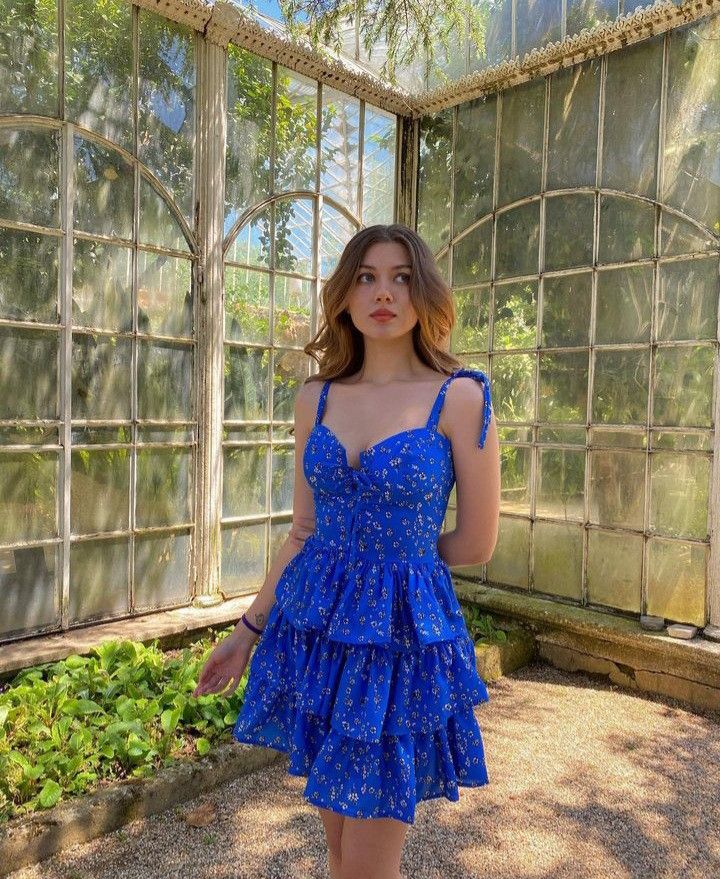 Sweet Blue Floral Suspender Layered A-line 16th Birthday Homecoming Dress