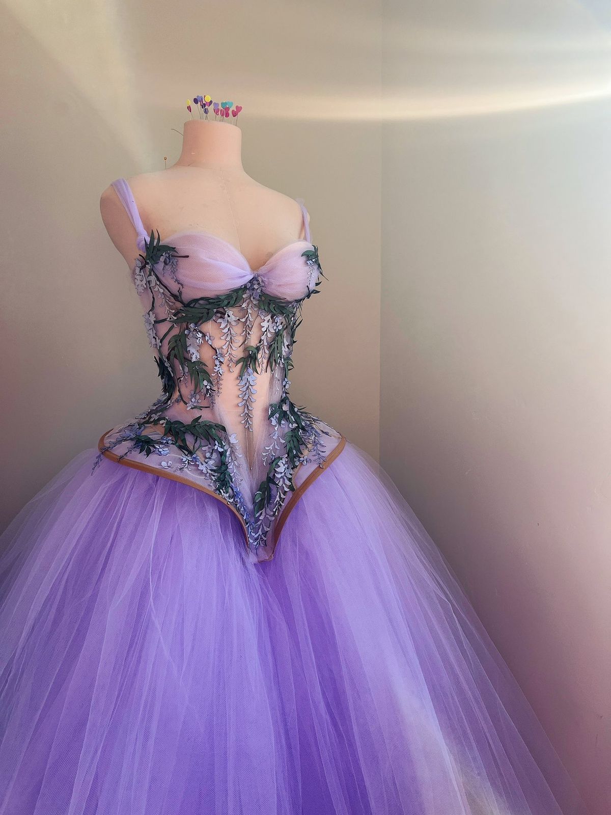 Dreamy Purple Strapless Halter Floral Tulle Long Ball Gown Evening Dress