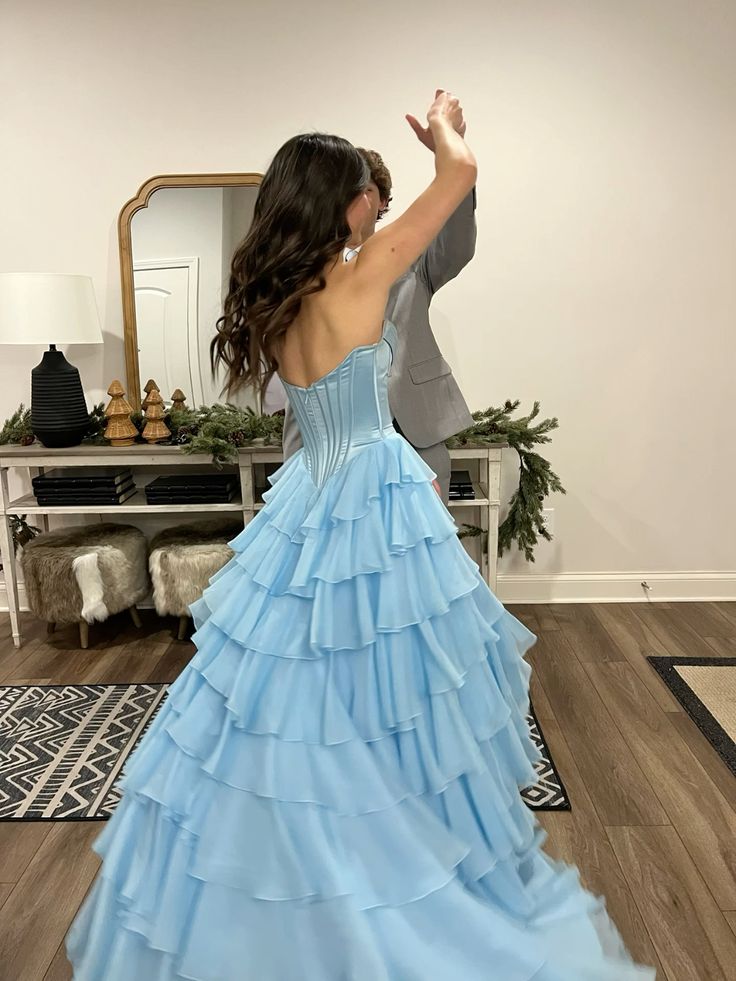 Princess Blue A-line Strapless Layered Chiffon Long Prom Dress Evening Dress