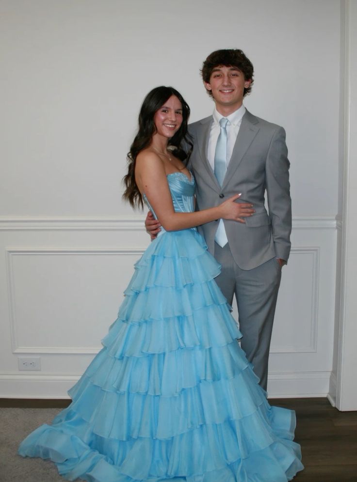 Princess Blue A-line Strapless Layered Chiffon Long Prom Dress Evening Dress