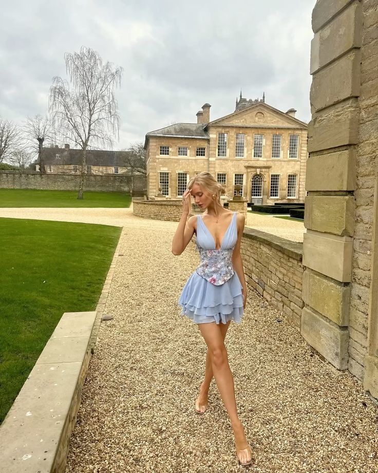French Palace Light Blue Deep V Embroidered Chiffon A-Line 17th Birthday Homecoming Dress