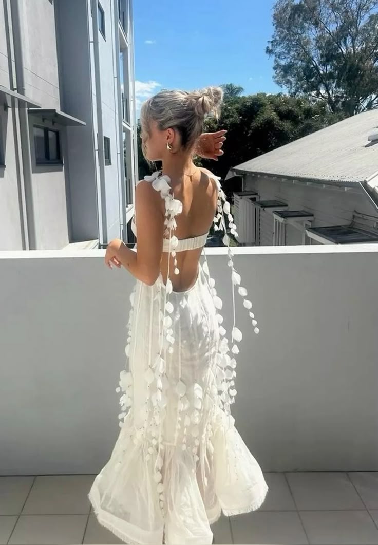 Sweet White Mermaid Halter Top With 3D Petal Tulle Prom Dress Evening Dress