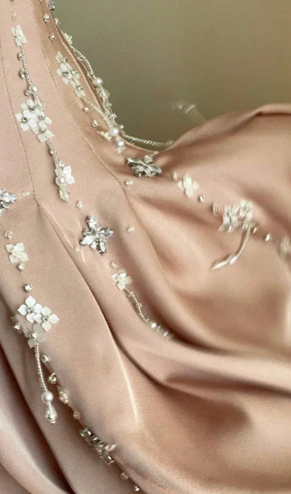 Vintage Pink Square Neck Wide Shoulder Strap Sequin Embroidered Satin Birthday Party Homecoming Dress