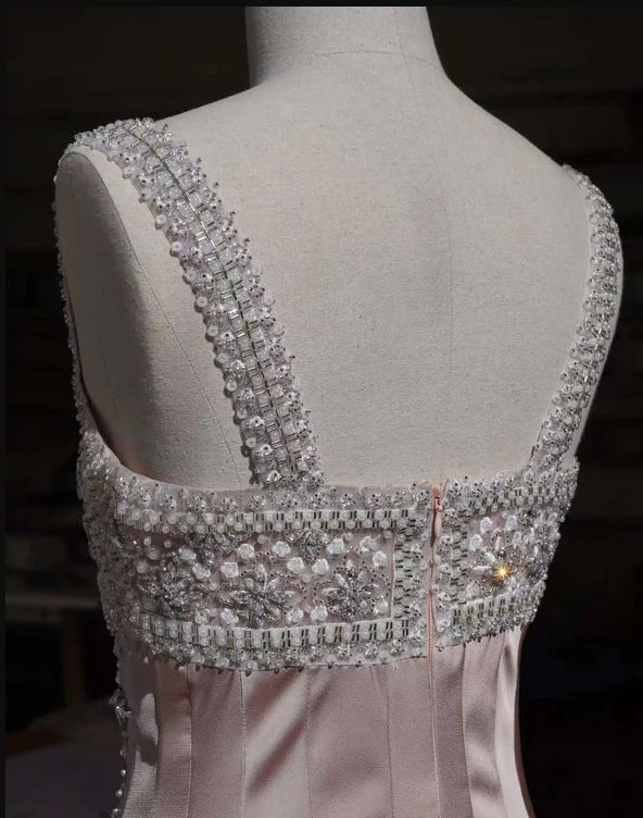 Vintage Pink Square Neck Wide Shoulder Strap Sequin Embroidered Satin Birthday Party Homecoming Dress