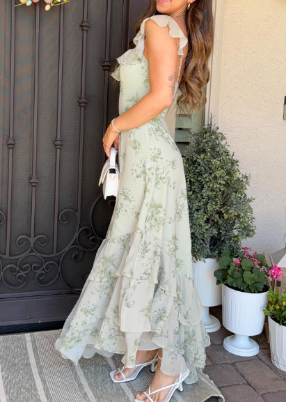 Beautiful Light Green A-line Floral Print Ruffled A-line Chiffon Long Prom Dress Evening Dress