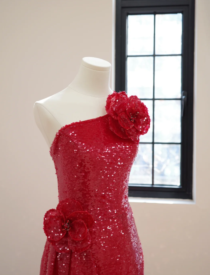 Sparkly Red One Shoulder Sequin Long Evening Dress Party Dress With 3D Flowers