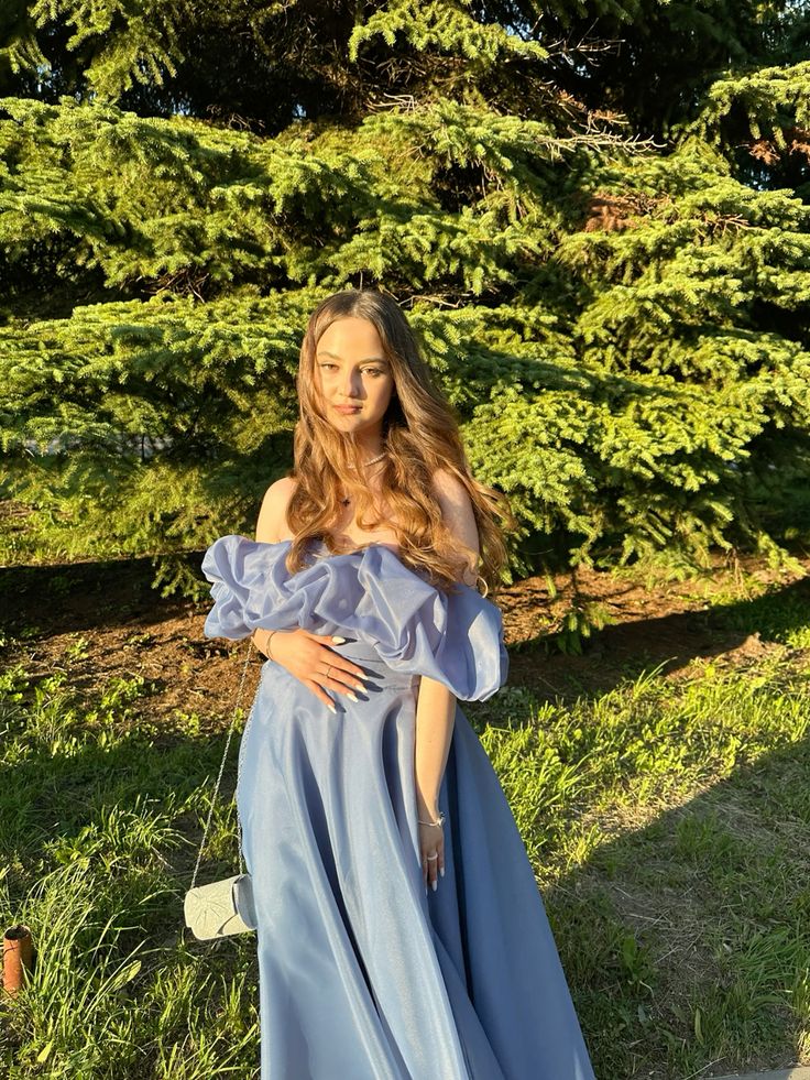 Beautiful Hazy Blue A-line Ruffled Puff Sleeve Off-shoulder Slit Organza Long Prom Dress Evening Dress