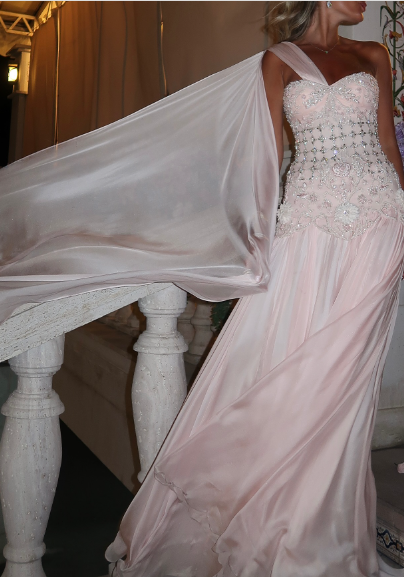 Elegant Light Pink A-line One Shoulder Ribbon Chiffon Long Prom Dress Evening Dress