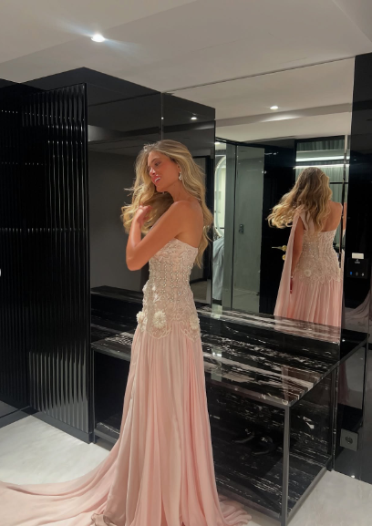 Elegant Light Pink A-line One Shoulder Ribbon Chiffon Long Prom Dress Evening Dress
