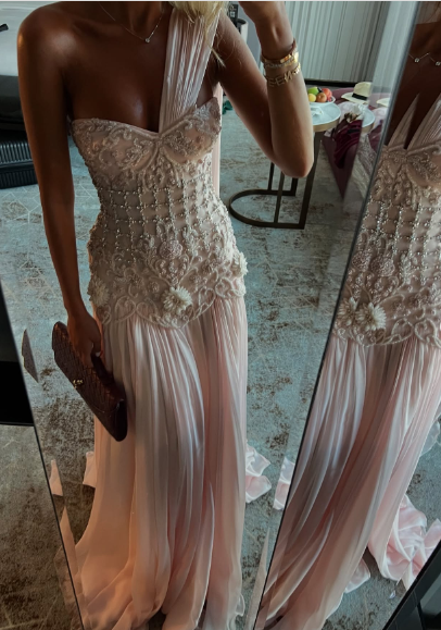 Elegant Light Pink A-line One Shoulder Ribbon Chiffon Long Prom Dress Evening Dress