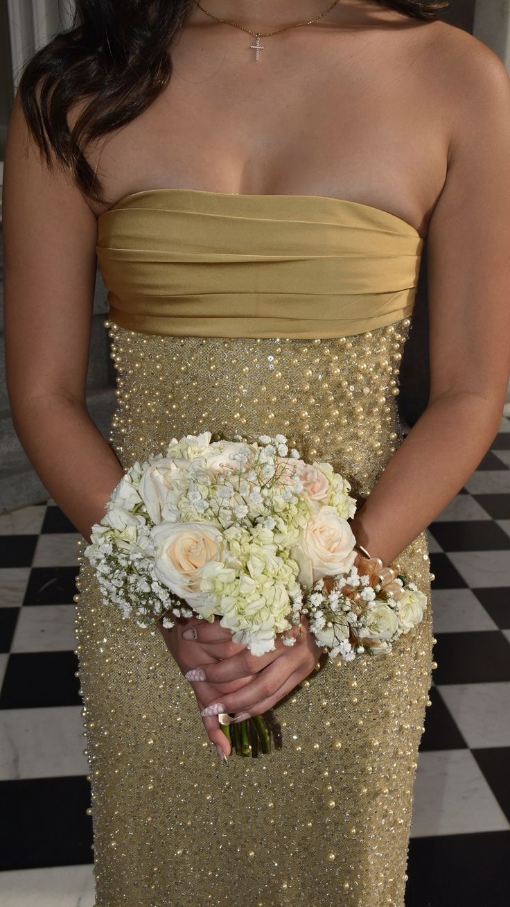 Elegant Gold Strapless Pearl Sequined Long Prom Dress Evening Dress
