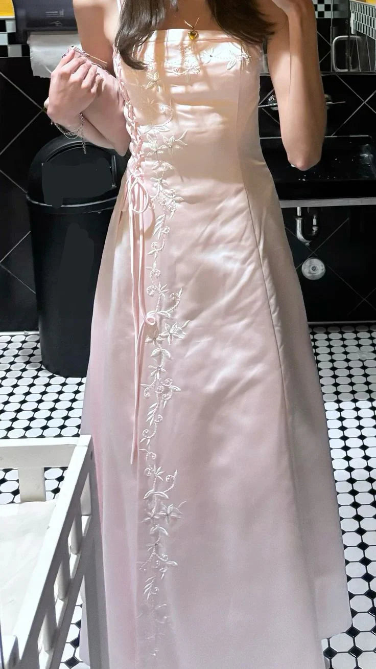 Vintage Light Pink A-line Halter Embroidered Satin Long Prom Dress Evening Dress