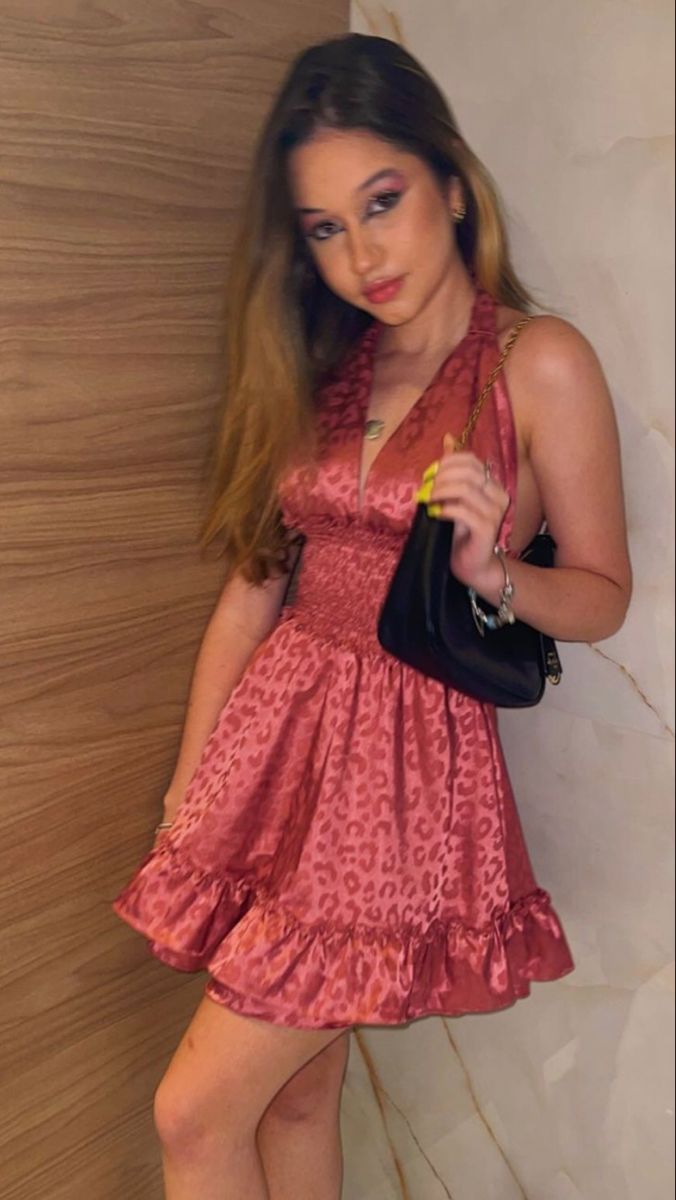 Retro Pink Leopard Print Halter Neck Deep V Neck Satin Birthday Party Homecoming Dress
